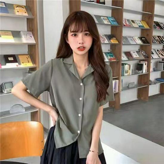 2021 Spring Retro Korean Style Women's Short Sleeve Lapel Shirt