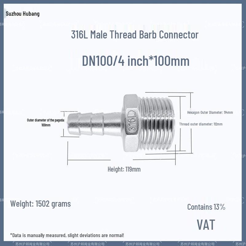 1" Hexagonal Barb Connector, 304 Stainless Steel for Water Pipe Hose, 316 Male Thread Plug