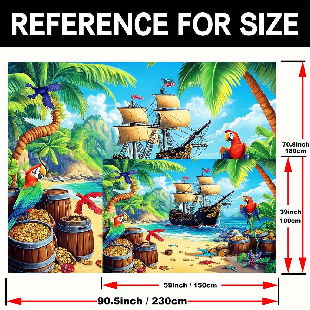 2D advertising poster, set against a backdrop of a pirate ship party - a vibrant tropical scene featuring sailing ships