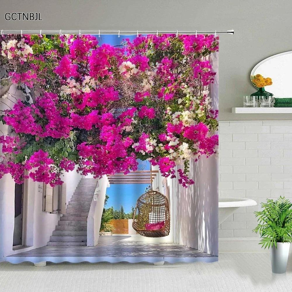 3D Europe Seaside Town Shower Curtain Flower Vine Courtyard Nature Scenery Polyester Fabric Home Decor Hook Bathroom Accessories
