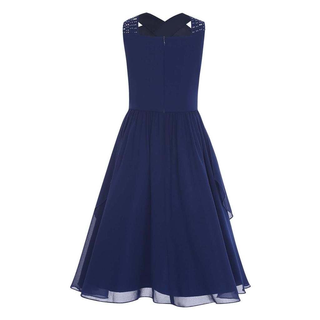 Girls V-Neck Sleeveless Pleated A-Line Dress Sparkly Rhinestone Embellished High Waist Knee Length for Wedding Banquet Prom