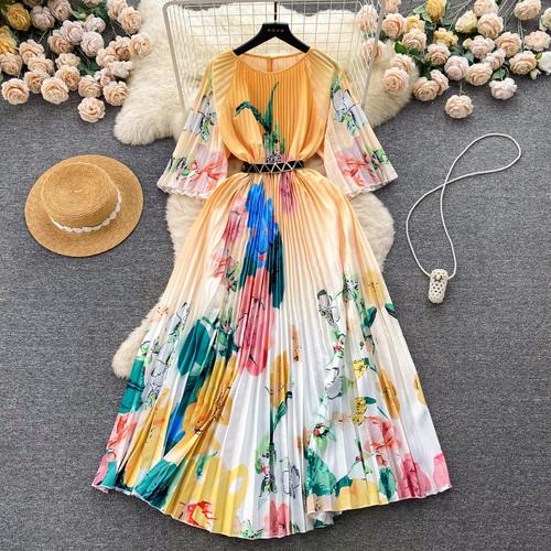 Spring Autumn Women Print Loose Pleated Dress Half Sleeve Oversized Long Maxi Robe