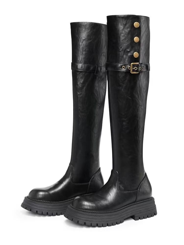 Spot version~ Leather thick-soled Maillard boots women's 2025 spring and autumn retro velvet versatile tall knight boots