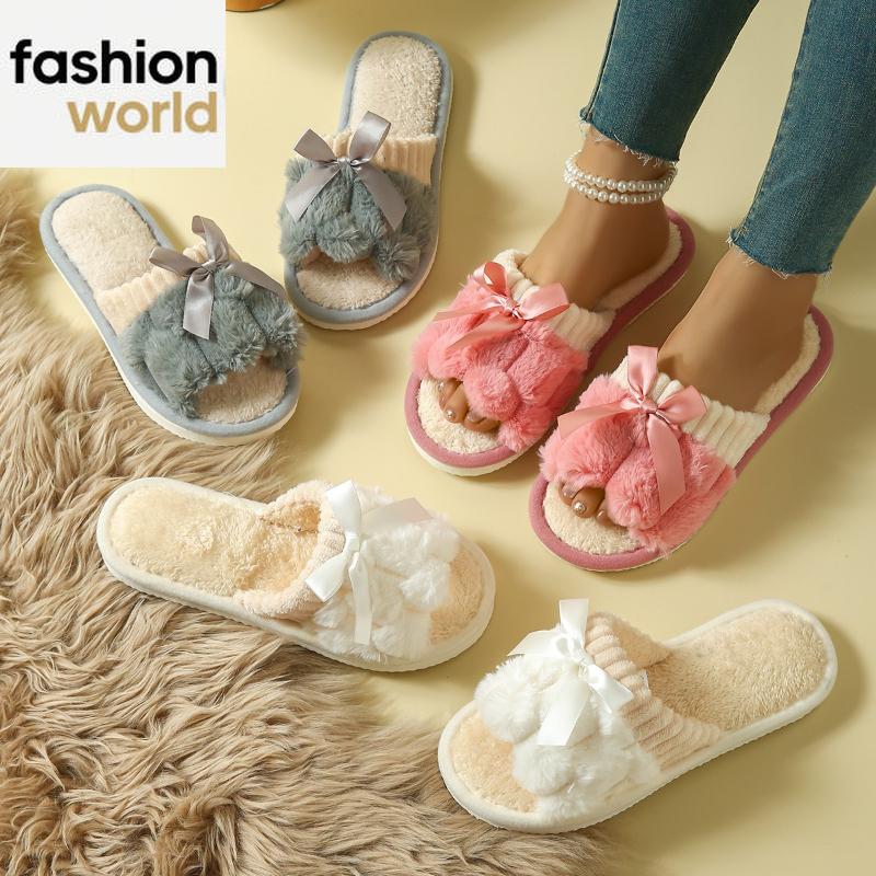 Home Slippers Flat-bottomed Slippers Women's Outer Wear Bow Cotton Slippers Outer Wear Trendy Non-slip Slippers
