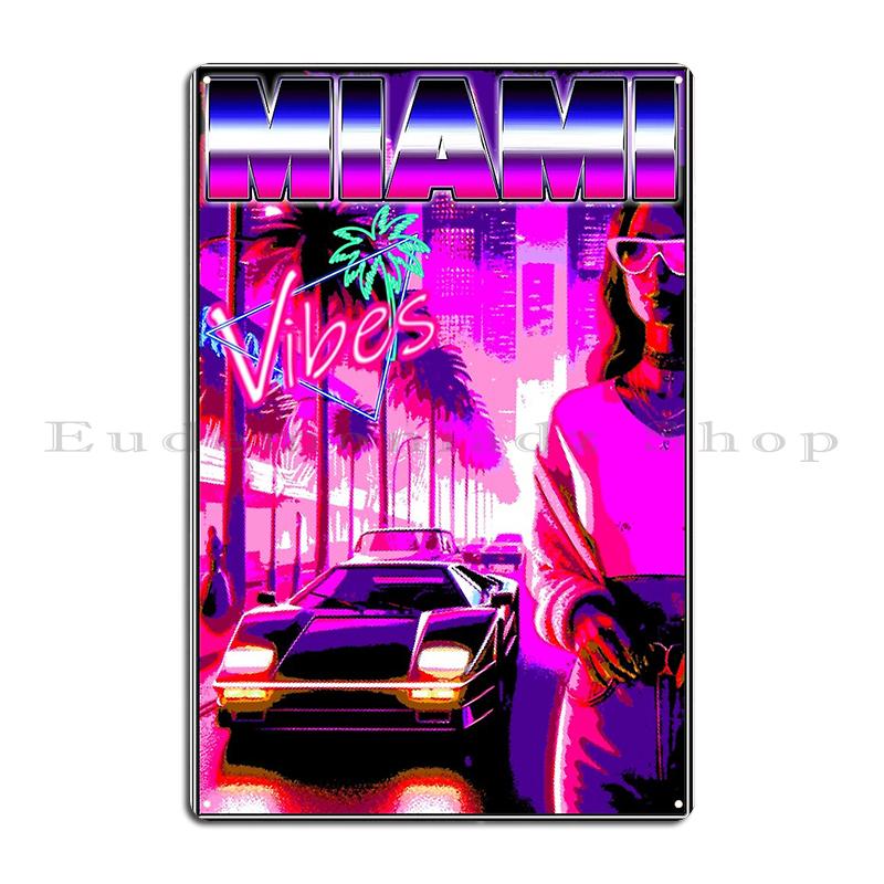 Nacht in Miami: Vaporwave-Vibes Oldtimer in Vice City Metalldekoration Clubparty Malerei Dekor Kino Blechschild Poster