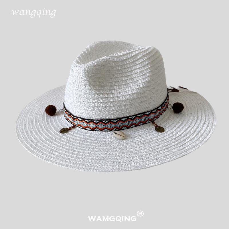 2025 New Fashion Bohemia Style Vacation Straw Hat Women Beach Grassland Travel Retro Cowboy Sun Hat Women's Wide Brim Panama