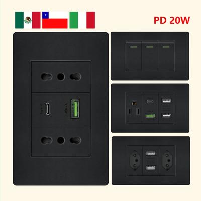 Steckdose für Italien, Chile, Mexiko, mit USB-Smart-Typ-C, 20 W Schnelllade-Wandstecker, elektrischer Lichtschalter für Brasilien, Dual-USB-Steckdose