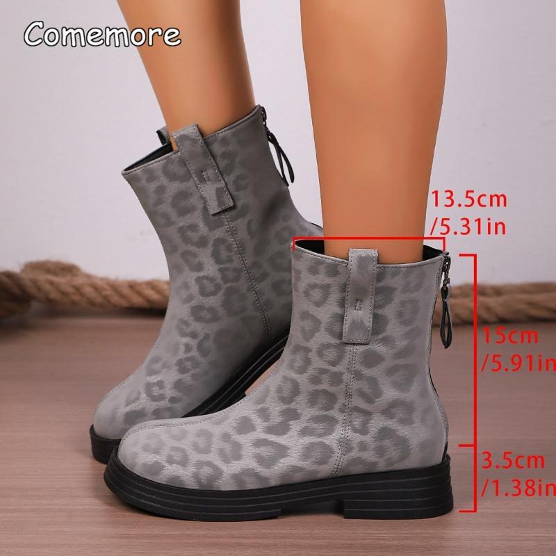 Fashion Women Round Toe Short Boots Autumn Winter Retro Leopard Women's New Size 36-42 Back Zip Ankle Booties Botas Para Mujer Fashion