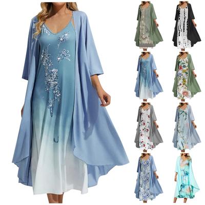 Zweiteiliges Damenkleid mit bedrucktem V-Ausschnitt, Westenkleid, Strickjacke, Jackenset