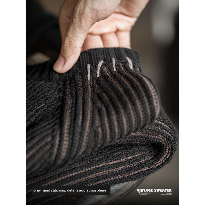 Madden Parka American Retro Vertical Stripes Woven Sweater Raglan Sleeve round Neck Thickened Base Knitwear Men's Autumn