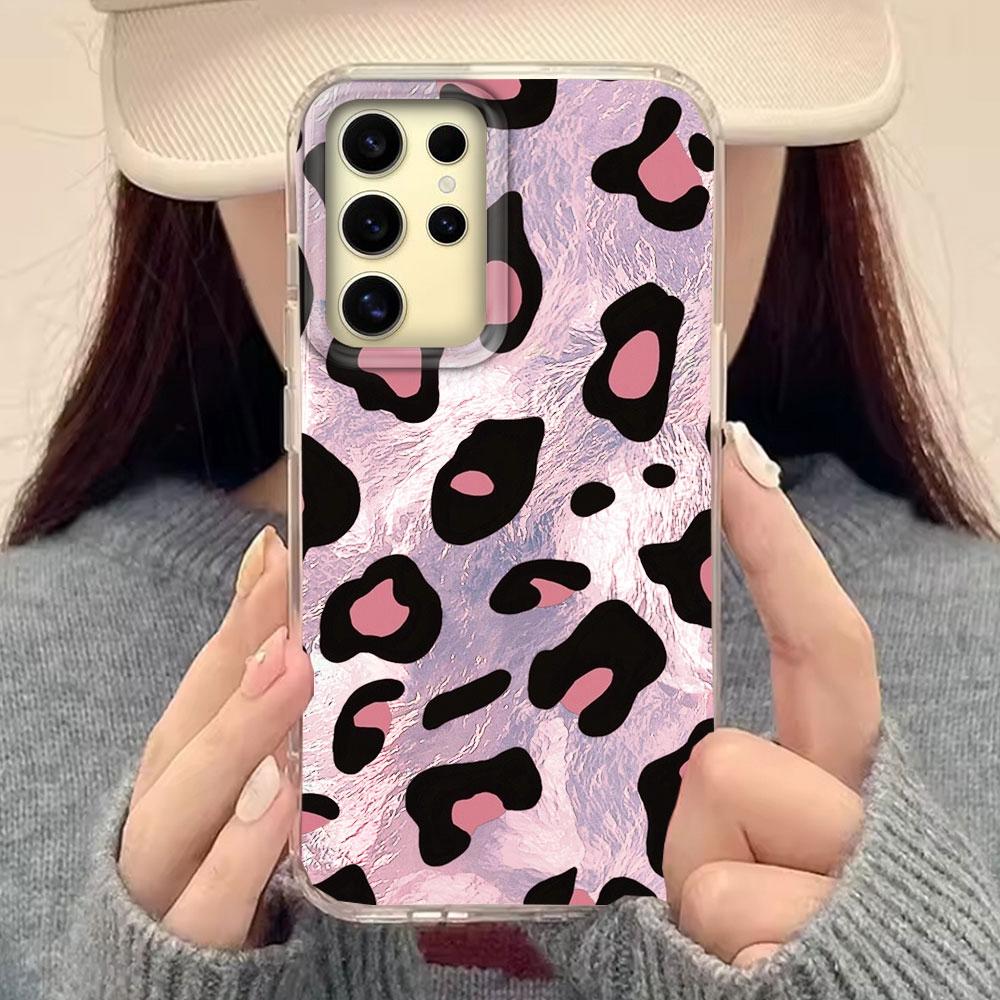 Korean Amber Gold Leopard Print Women Gilrs Phone Case for Samsung Galaxy S25 S24 S23 S22 S21 S20 FE Plus Ultra Silicone Cover