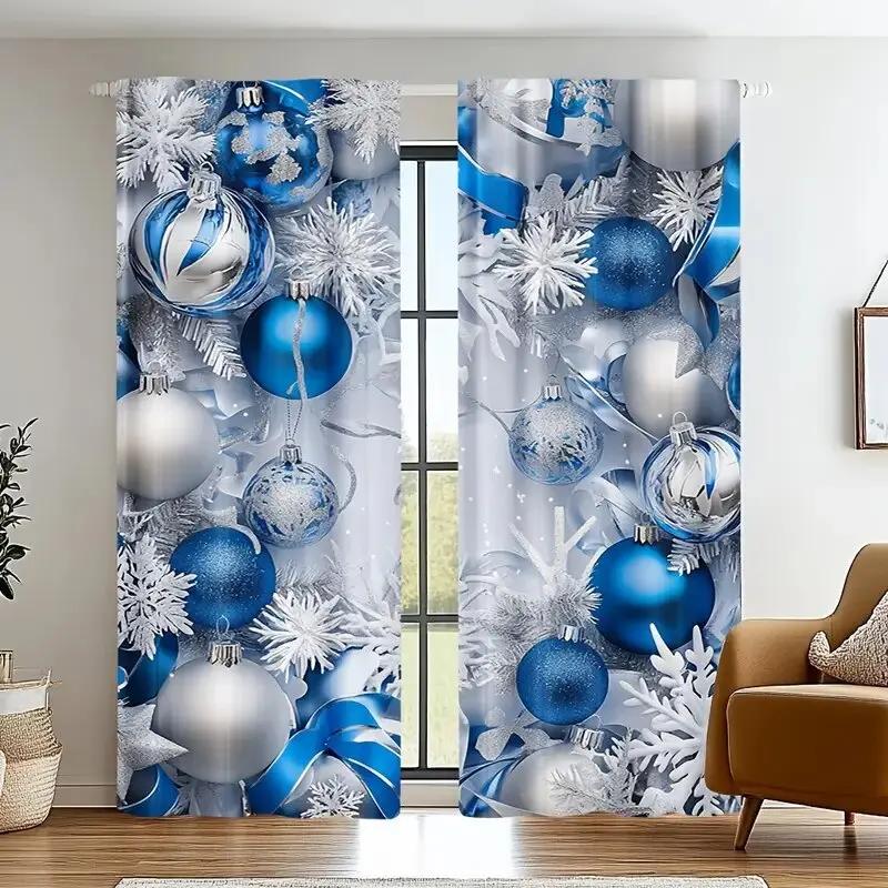 2pcs Elegant Blue Silver Christmas Ornament & Snowflake Pattern Curtains, Designed for Light Blocking, Premium Material, Suitabl