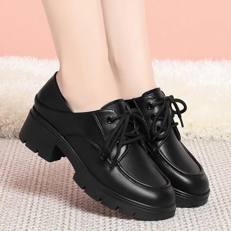 

4 см Туфли на толстой платформе в британском стиле Женские туфли-лодочки 2025 Осень Средний блочный каблук Туфли из мягкой кожи Оксфорды для офиса Мама 40