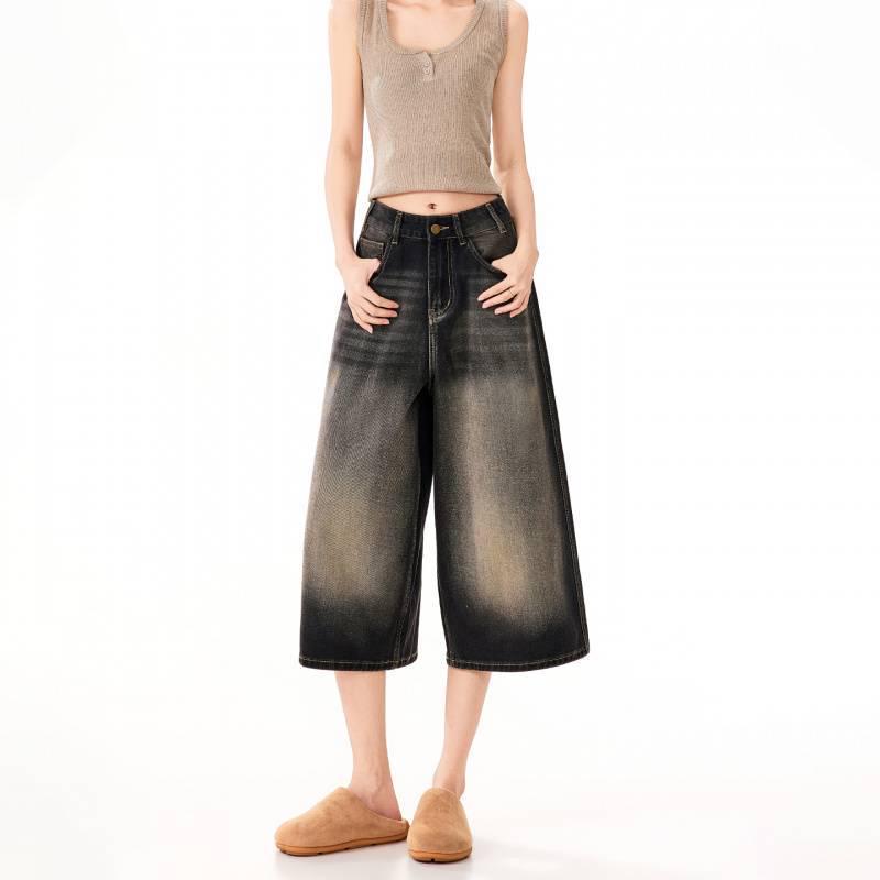 Retro Washed Distressed Wide-Leg Cropped Denim Pants XS