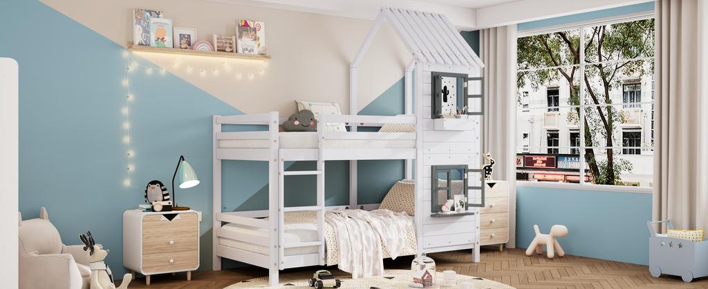 [29590567WAA]Bunk Bed with Handrail and Window, House Bed, Children's Bed with Fall Protection and Guard Rail, Pine Frame, White (90x200cm)