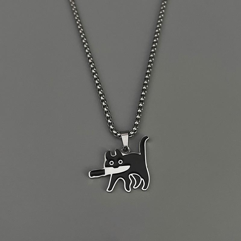 Stainless Steel Cartoon Knife Cat Pendant, Cute and Unique Couple's Necklace Accessory