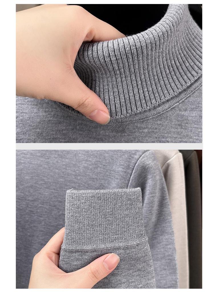 Men's Thick Velvet Wool Sweater - Machine Washable High Neck, Autumn/Winter, 550g Warm Base Layer