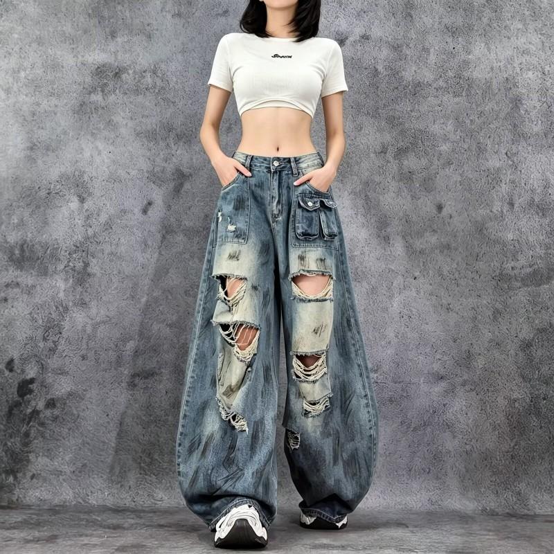 Vintage Washed Straight Leg Denim Pants Men Women Oversized Relaxed Fit Distressed Button Fly Jeans