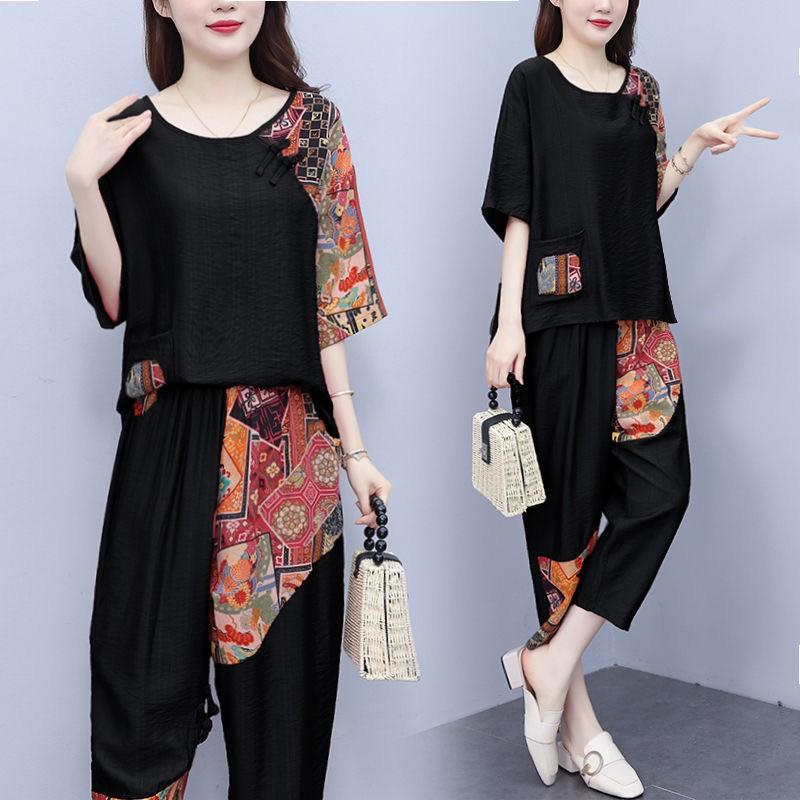 

Комплект из двух предметов с летним принтом для мам, летняя футболка со средним рукавом для женщин среднего и пожилого возраста в этническом стиле XL чёрный