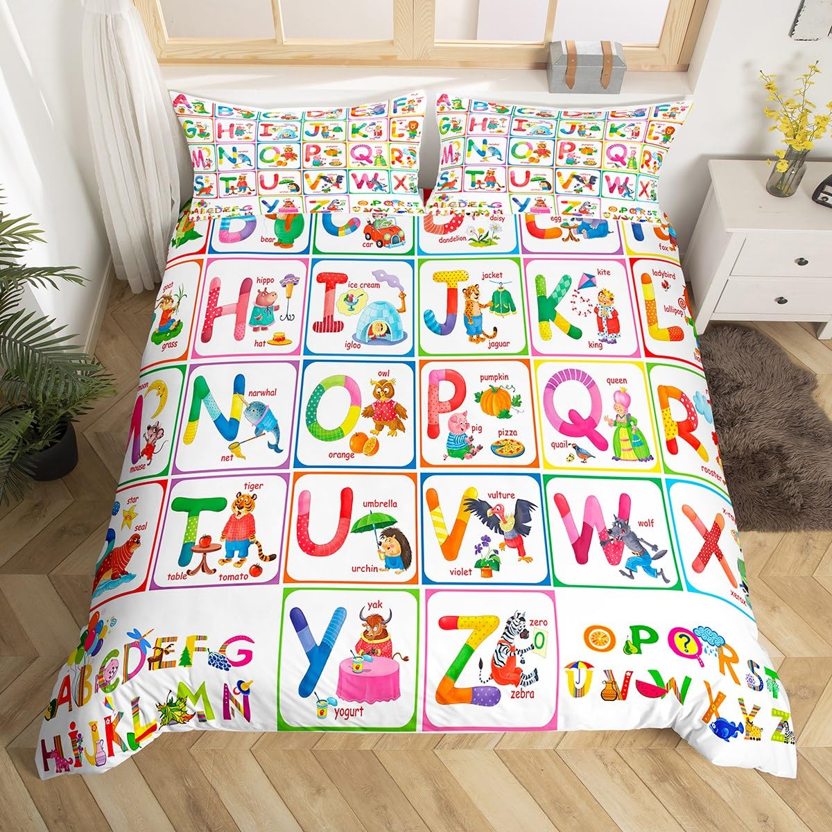 

Alphabet Learning Bedding Sets Queen King Size Cartoon English Alphabet Comforter Covers for Child Boys Girls Lightweight Down (135x200cm)