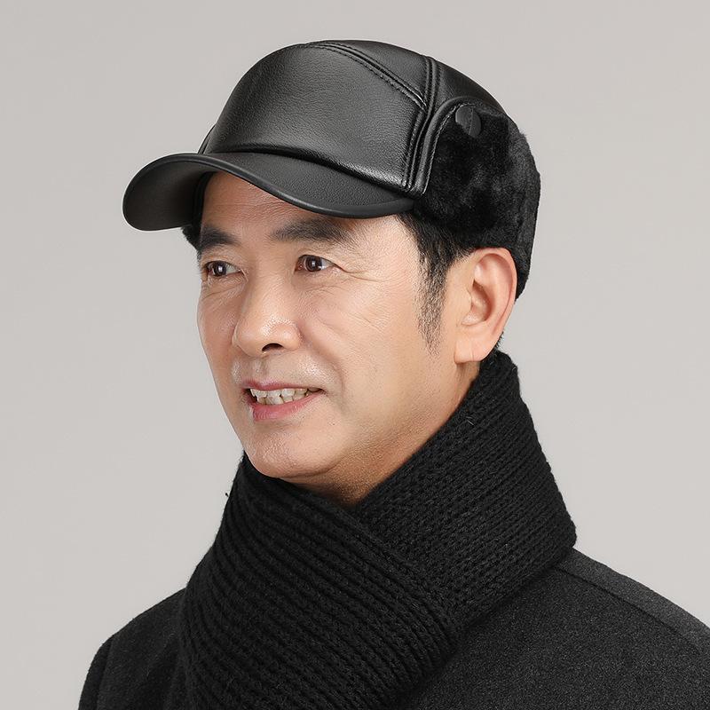 Men's autumn and winter ear protection hat, warm cotton hat, old man hat, father leather cap, cold-proof baseball cap