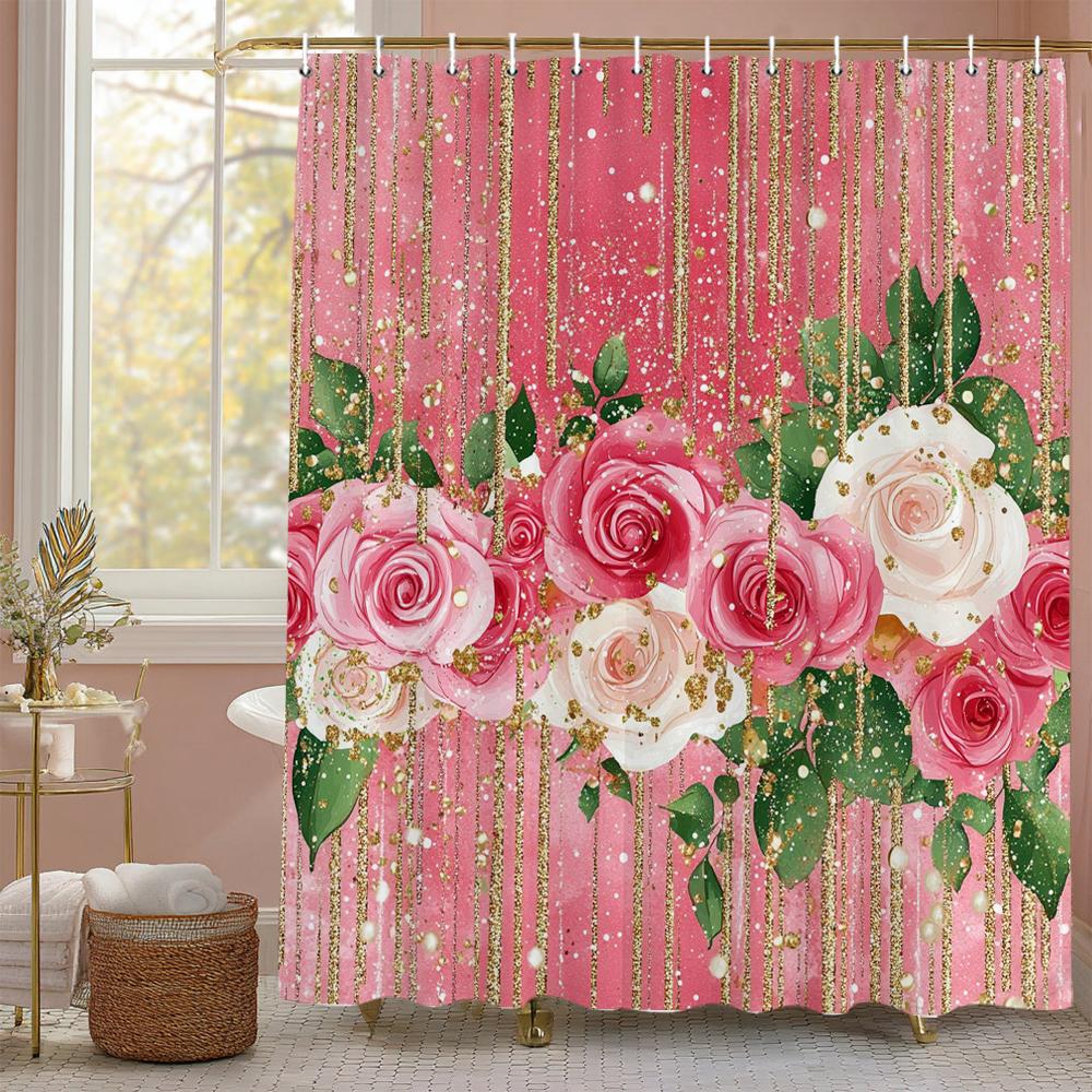 Shiny pink rose flowers Shower Curtain, Bathroom Decorative Shower Curtain, Printed Polyester fabric Shower Curtain with Hooks