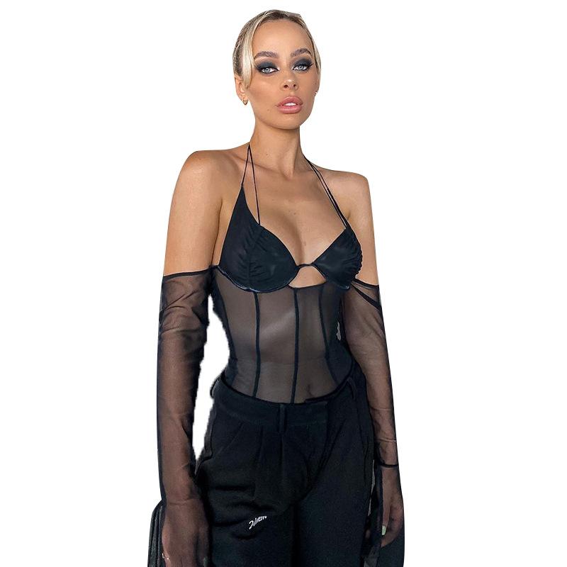 Harajuku léto mimo ramena dutá síťovaná trička pro ženy Top dámské tričko dámské tričko sexy topy s dlouhým rukávem tričko