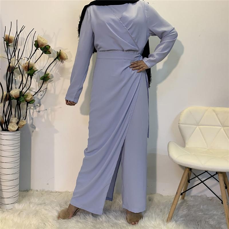 Muslimische Damenmode für Frische Einfarbige Overalls Kleider Abaya Dubai Türkei Islam Schnürung Hoher Bund Kleidung Langarm