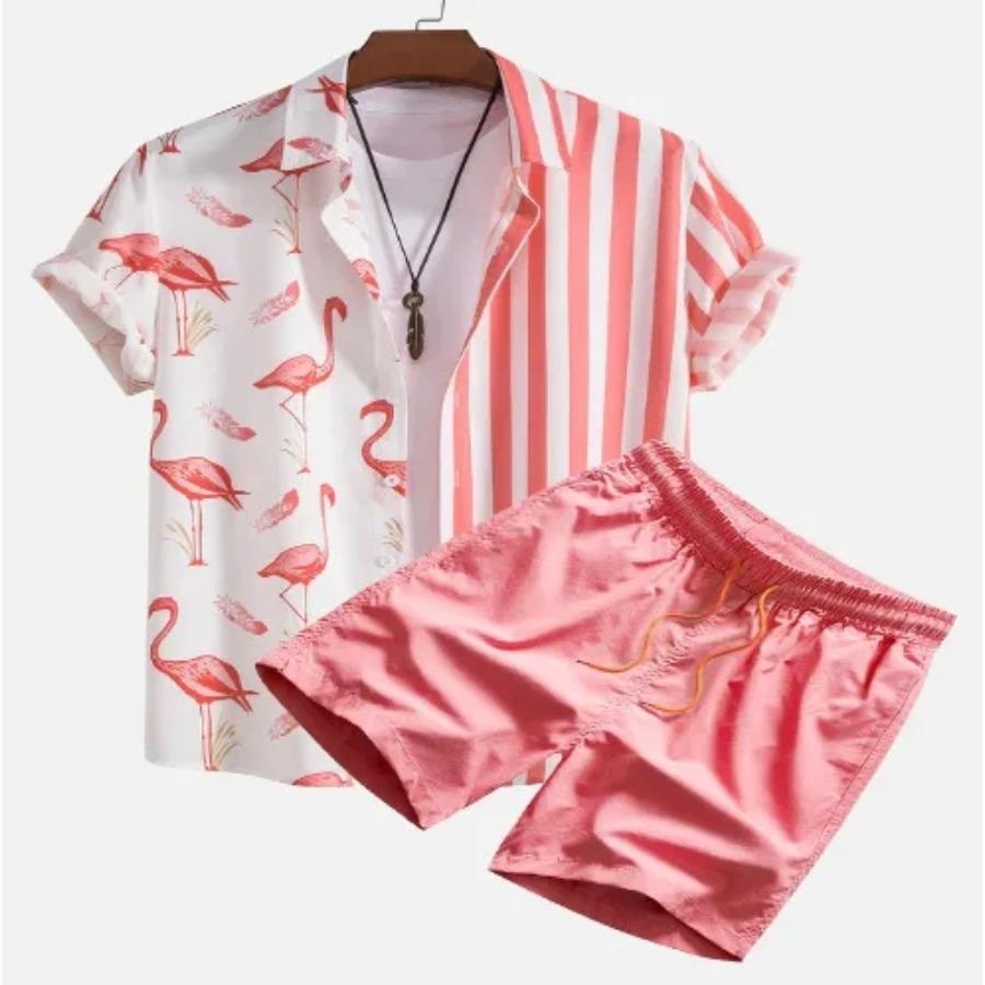 Herren-Sets Druck Patchwork Revers Kurzarm Freizeithemd Badeshorts Sommer Streetwear Urlaub Hawaiianische Anzüge Herren S-5XL 3XL pink