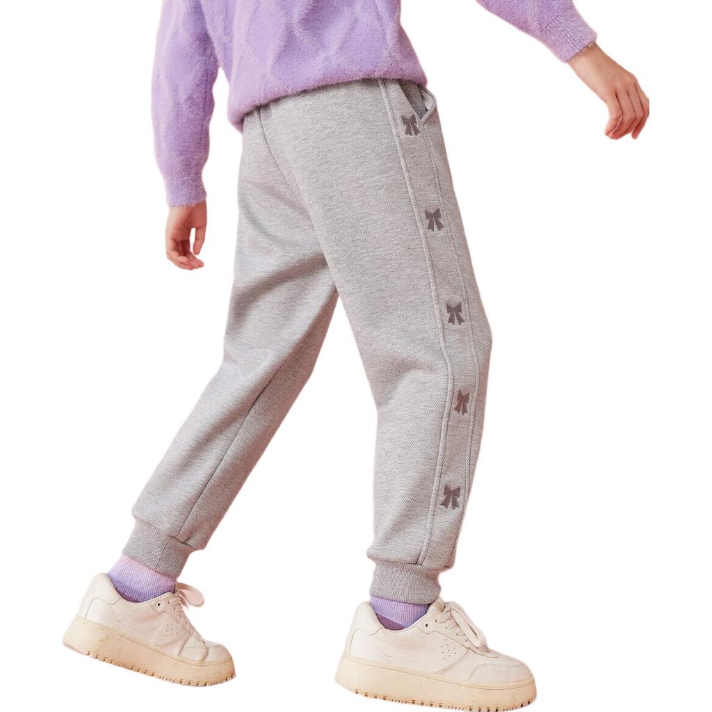 ASK JUNIOR Girls' Pants, 2025 Autumn And Winter Thickened Warm Children's Embroidered Trim Fleece-Lined Solid Color Sports Trousers, Gray, Size 160