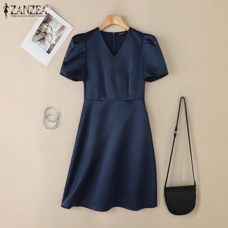 ZANZEA Women Summer V-Neck Short Sleeve Slim A-Line Dress