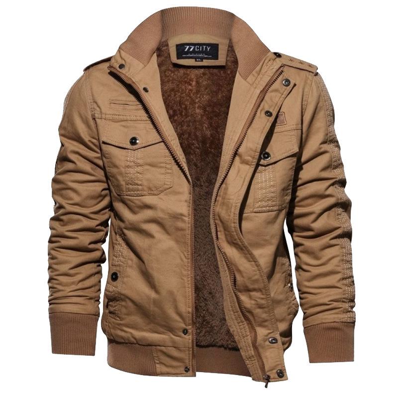 Men's Black Military-Style Cotton Jacket, Plus Velvet, Large Size, Autumn/Winter Trendy Outerwear