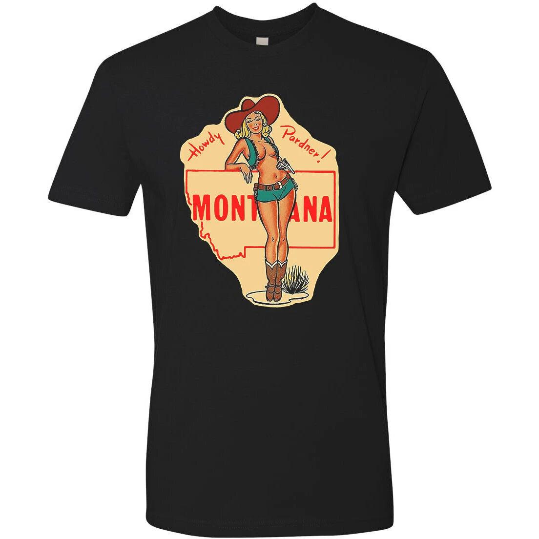 

T Shirt Vtg Travel Art Cotton Tourist Retro Vacation Montana Pin Up Cowgirl XL
