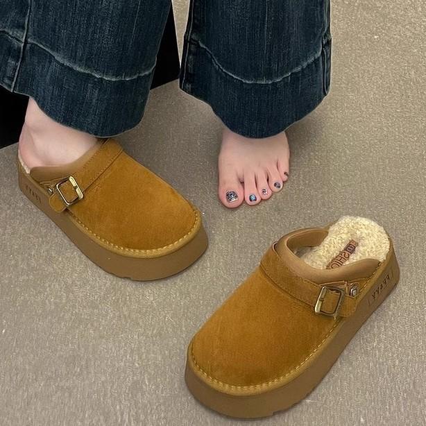 Stylish, Simple and Versatile Baotou Drag Women 2025 Autumn and Winter New Outer Wear Belt Buckle Thick Sole Height Increase Home Mao Mao Shoes