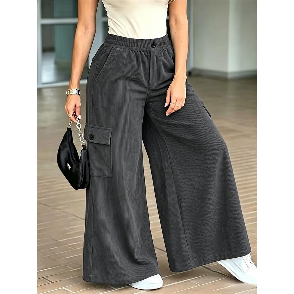 Women Corduroy Cargo Wide Leg Pants Elastic High Waist Casual Loose Multi‑Pocket Flare Trousers For Ladies