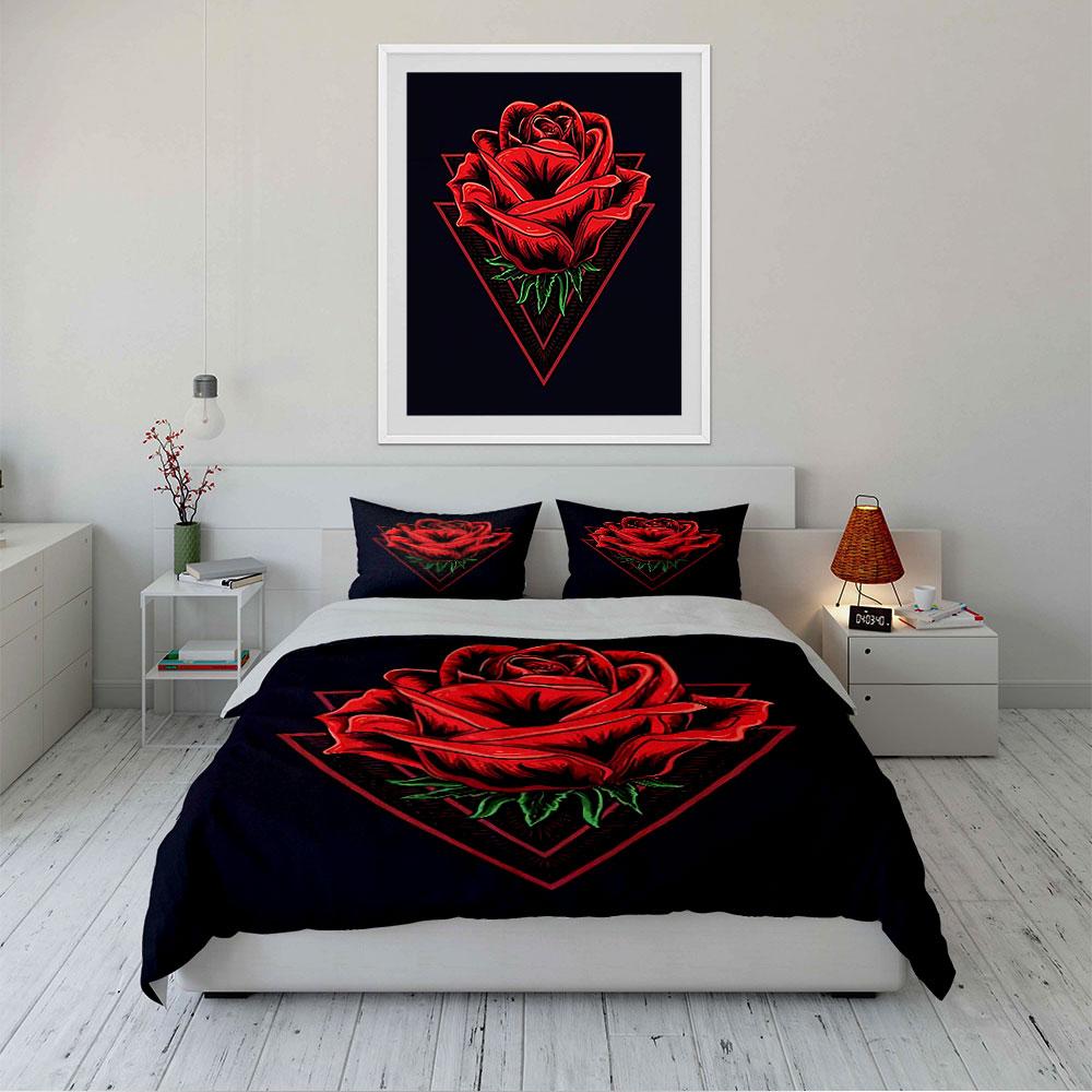 Red Rose with Triangle Design Bedding Duvet Cover Set Duvet Cover Pillowcases (1*Duvet Cover 2*Pillowcases, without duvet insert)