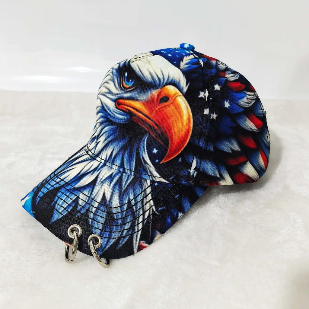 Men Women Punk Eagle Print Baseball Cap With Metal Rings, Usa Flag Patriotic Adjustable Sun Hat, Unique Biker Street Style Cap F
