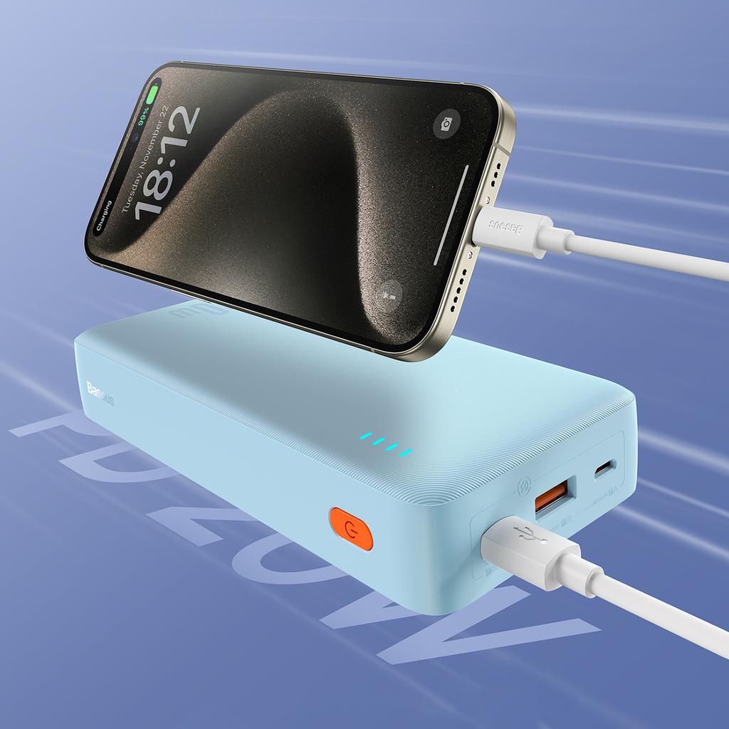 Powerbank 20000mAh Airpow 20W with USBA USBC cable 50cm blue