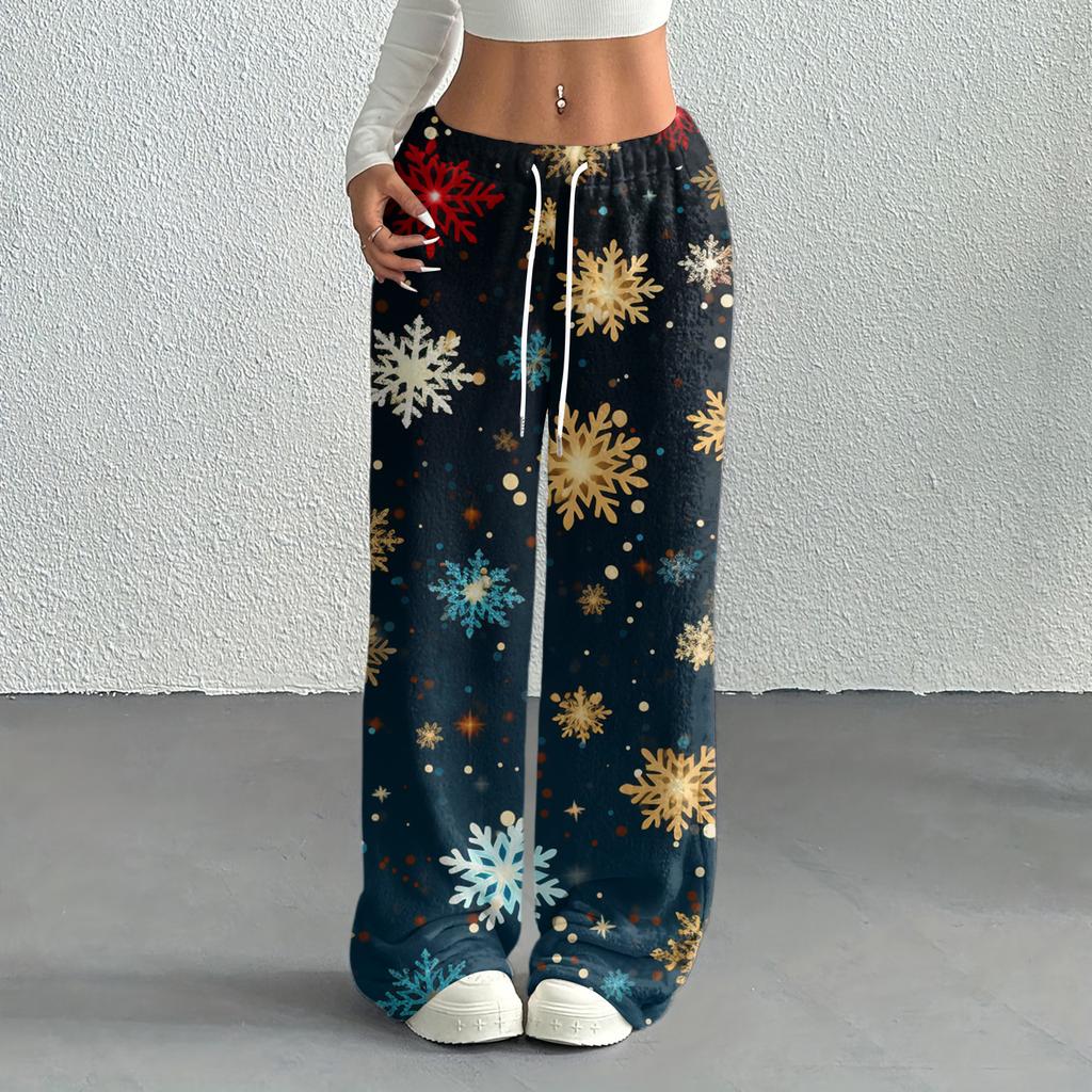 Women's Casual Fashion Printed Elastic Waist Loose Straight Leg Pants With Rope