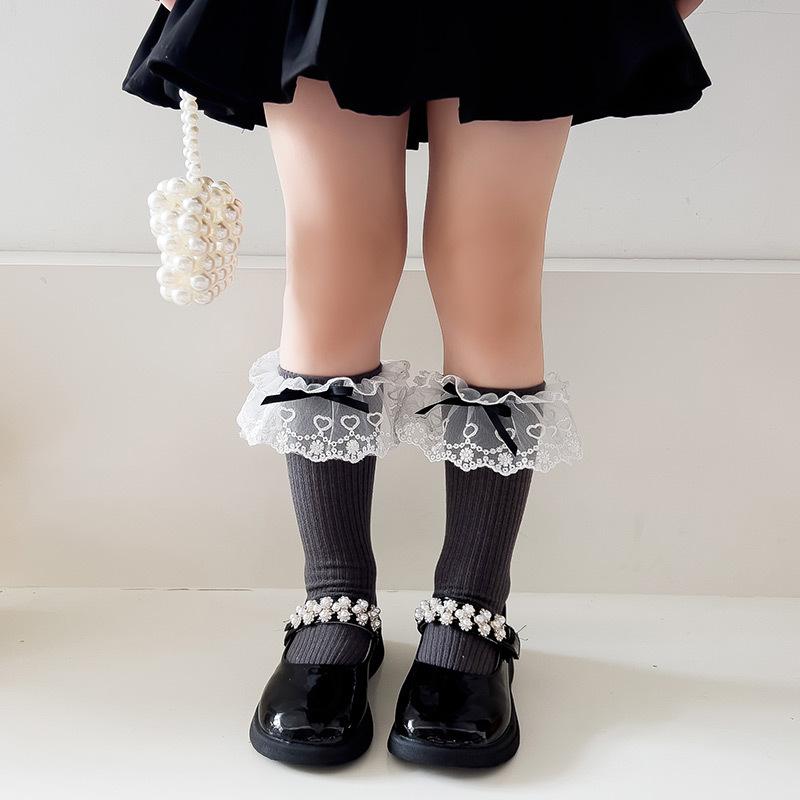 Children's Socks Summer Lolita Wooden Ear Mesh Ribbon Large Bow Mid-tube Socks for Girls