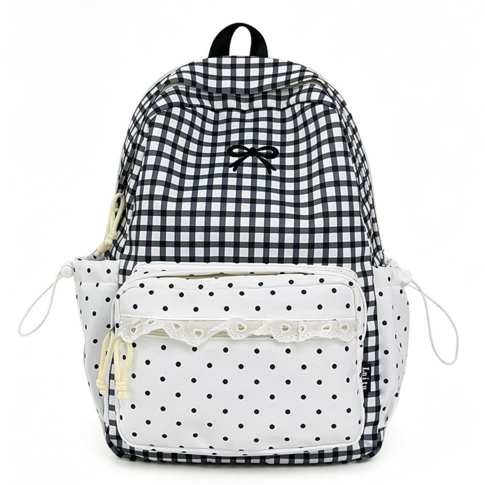 Sweet Polka Dot Backpack Plaid Student School Bag Fashion Lace Trim Rucksack Outdoor Use