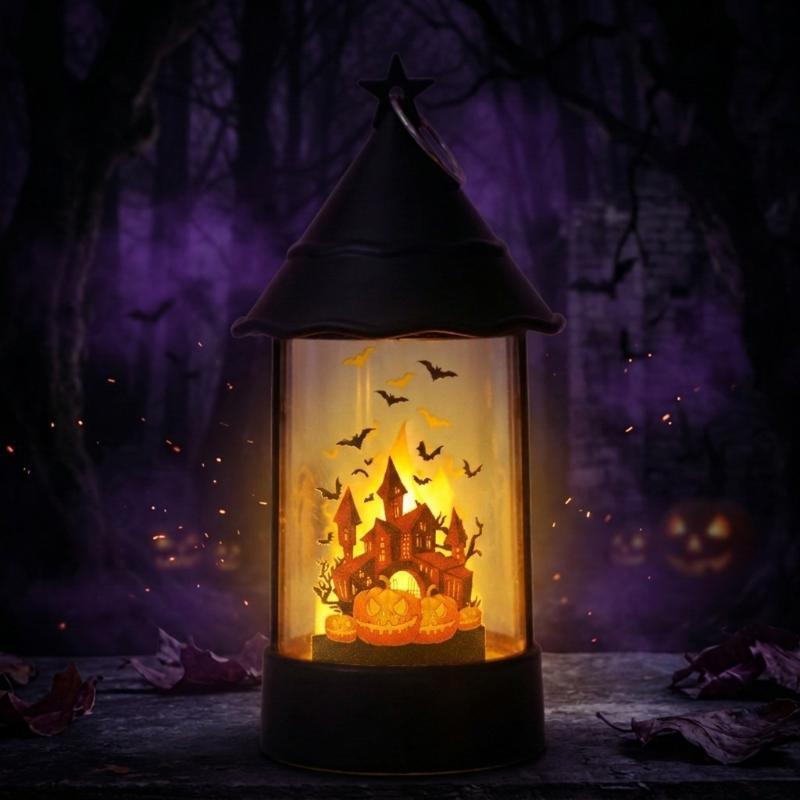 Halloween Led Candle Lantern Pumpkin Ghost Castle Pattern Portable Hanging Wind Lamp Holiday Party Tabletop Decor Props Gift