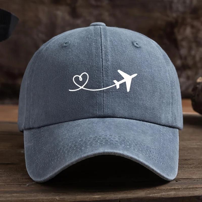 Unisex Love Heart Airplane Print Baseball Cap, Outdoor Sun Protection Fashionable All-Match Duckbill Hat, cotton