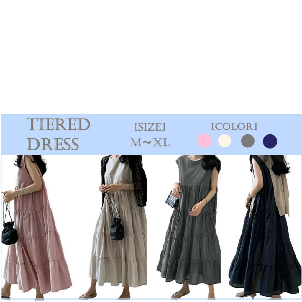 Nibunnoichi Style Sleeveless Tiered Dress with Round Casual and Resort Size [1/2style] A-Line Neck, Soft, Style, Women's (Beige, M)