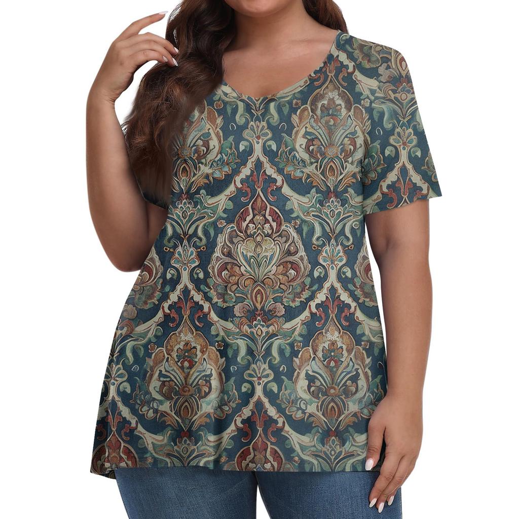 Women's Fashion Casual V-Neck Pullover Short Sleeve Large Size Vintage Printed Top