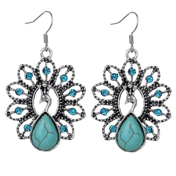 Valentinstagsgeschenk, oxidiertes Silber, schwarzes Metall, Messing und türkisfarbener Magnesitstein, hängende Traumfänger-Ohrringe für Frauen/Mädchen (blau)