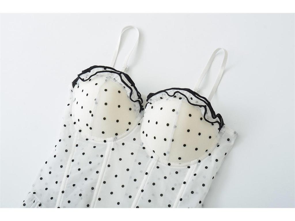 Korean Elegant Polka Dot Ruffle Camisole, Slim Fit with Chest Pads, Waist-Cinched, Flattering Lace Top for Women