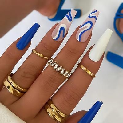 Set de 24 Uñas Postizas Largas, Patrón de Rayas Azules, Puntas de Manicura Press-on con Adhesivos, Kit Completo de Arte para Uñas Postizas