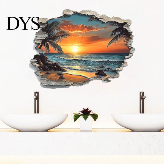 Easy Installation Wall Coverings 3D Beach Scenery Sticker, Sunset Coconut Tree Mural, PVC Waterproof Decal, Modern Interior Transformation Removable