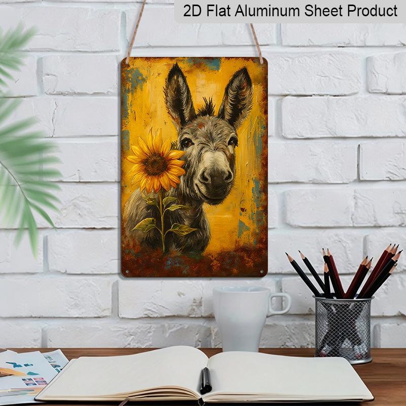 2D Flat, Vintage Metal Donkey Sign, Cute Donkey and Sunflower Patterns, 8x12 Inch, Durable Aluminum Material, Indoor/Outdoor Decorative Hanging Plate